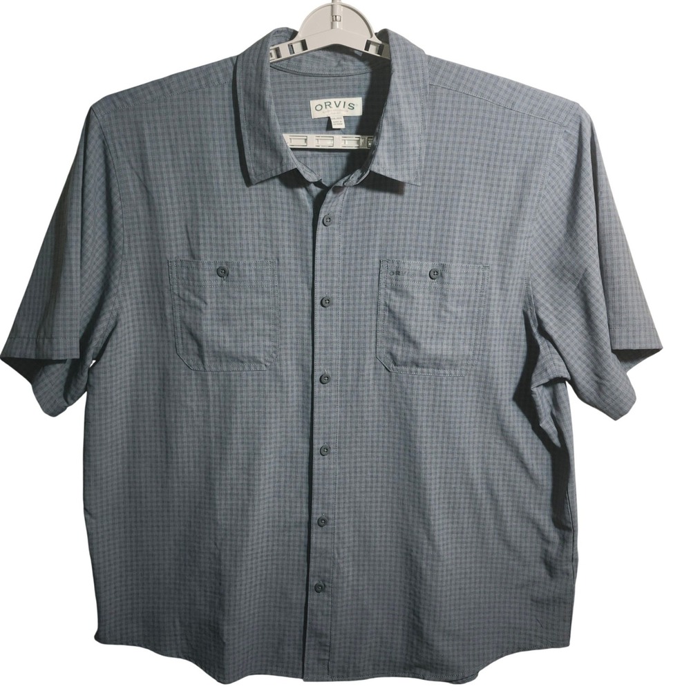 Orvis Mens XXL Short Sleeve Button Down Shirt Blue Grey Check Performance Fisher